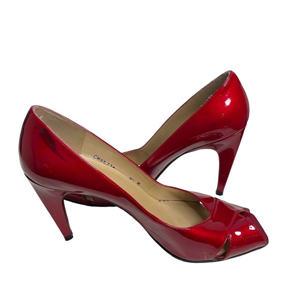 Stuart Weitzman Sashay Candy Apple Red Patent Leather Peep Toe Heels Sz 9.5 a24 - Picture 2 of 7